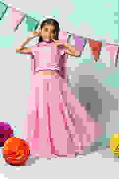 Bubble gum Pink Nylon Short Top Lehenga Set image number 7