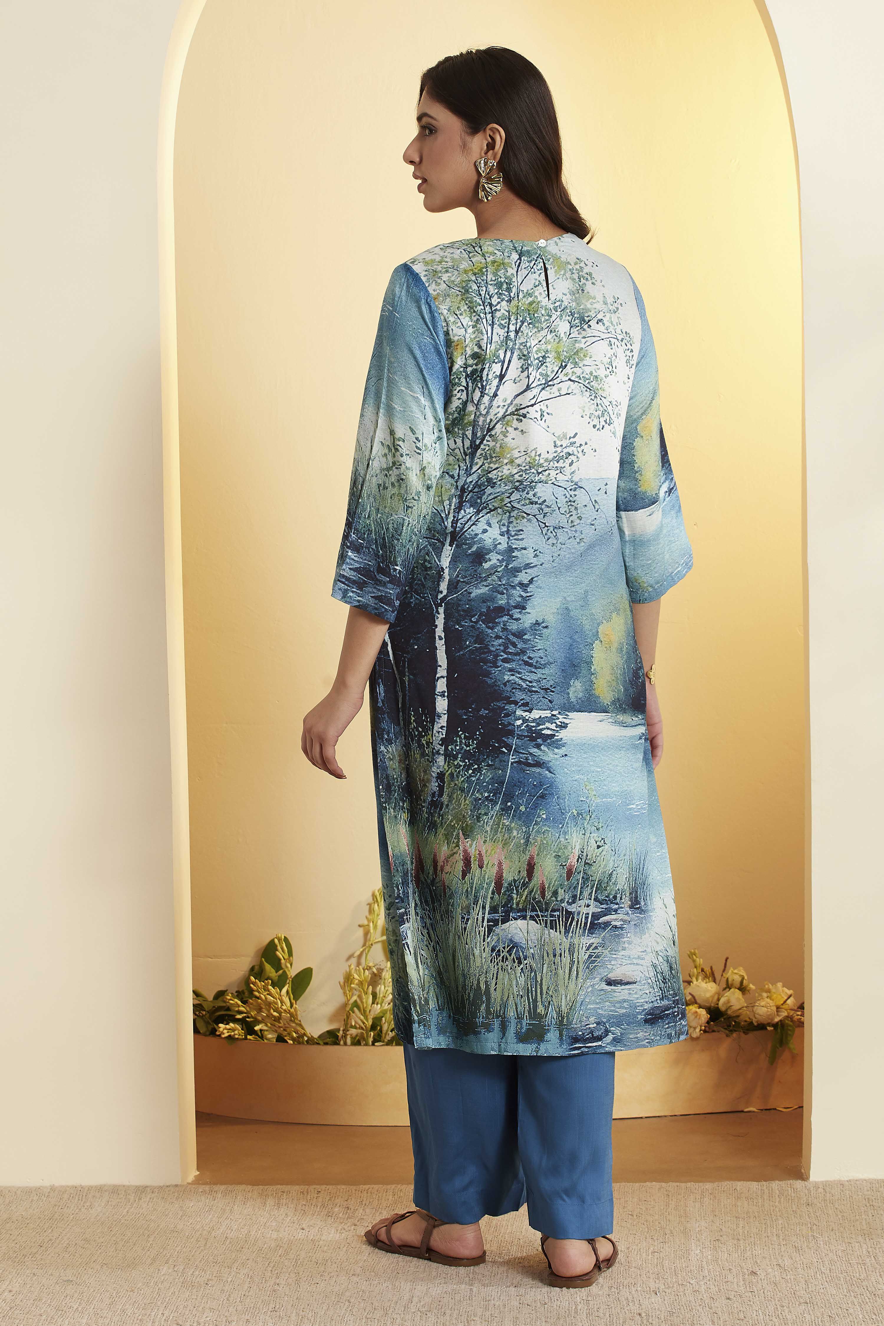 Blue Rayon Slub Straight Kurta Pants Set image number 5