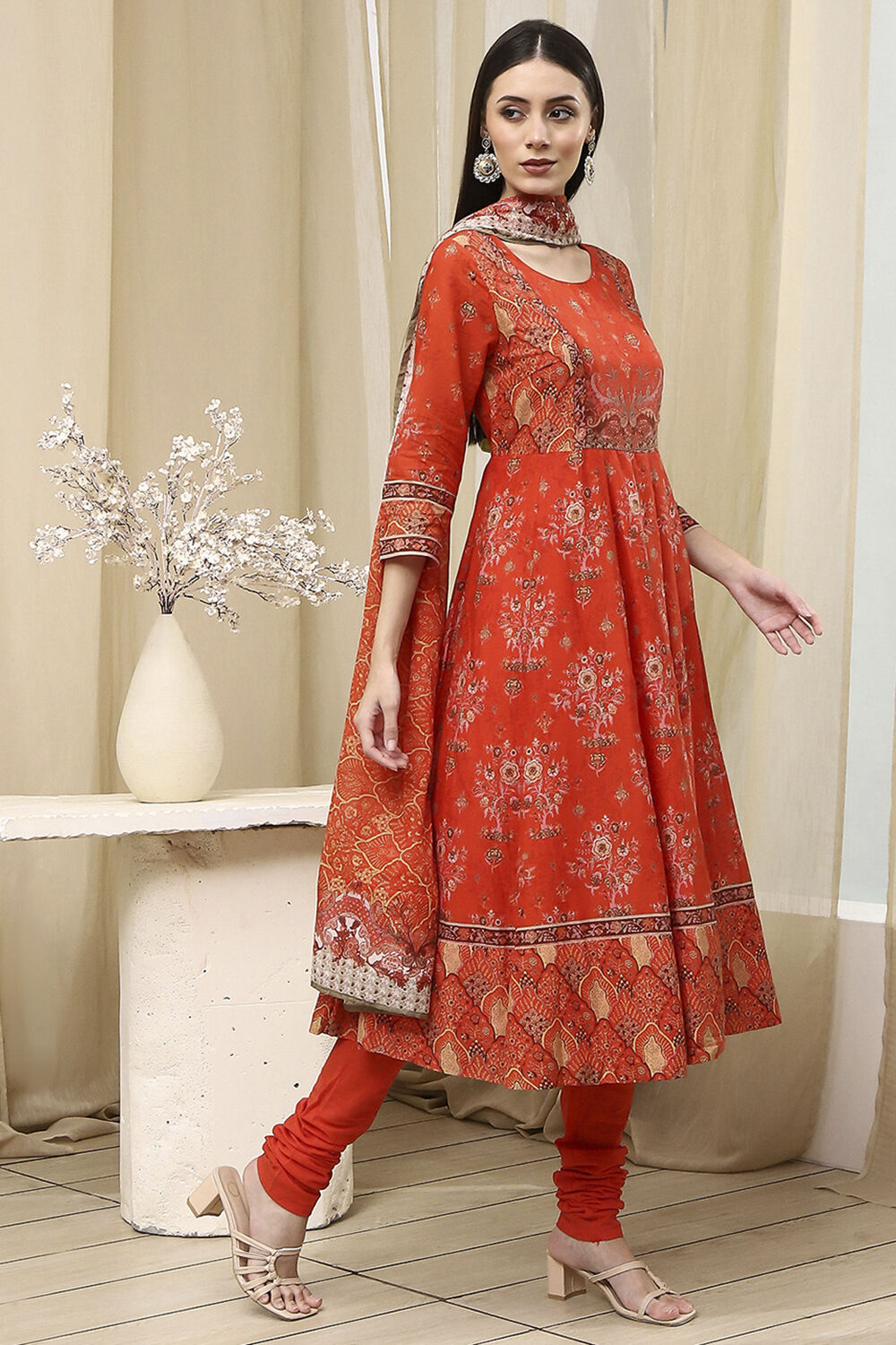 Orange Cotton Printed Anarkali Suit Set image number 5