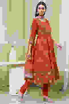 Orange Cotton Printed Anarkali Suit Set image number 5