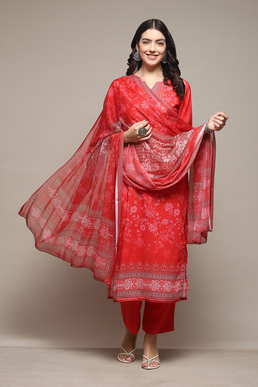 Red Silk Blend Digital Print Unstitched Suit Set image number 8