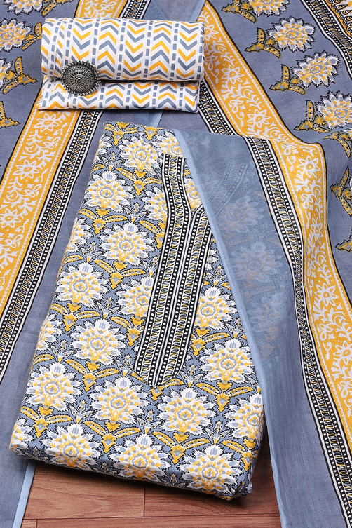 Blue Cotton Screen Printed Unstitched Suit Set image number 0