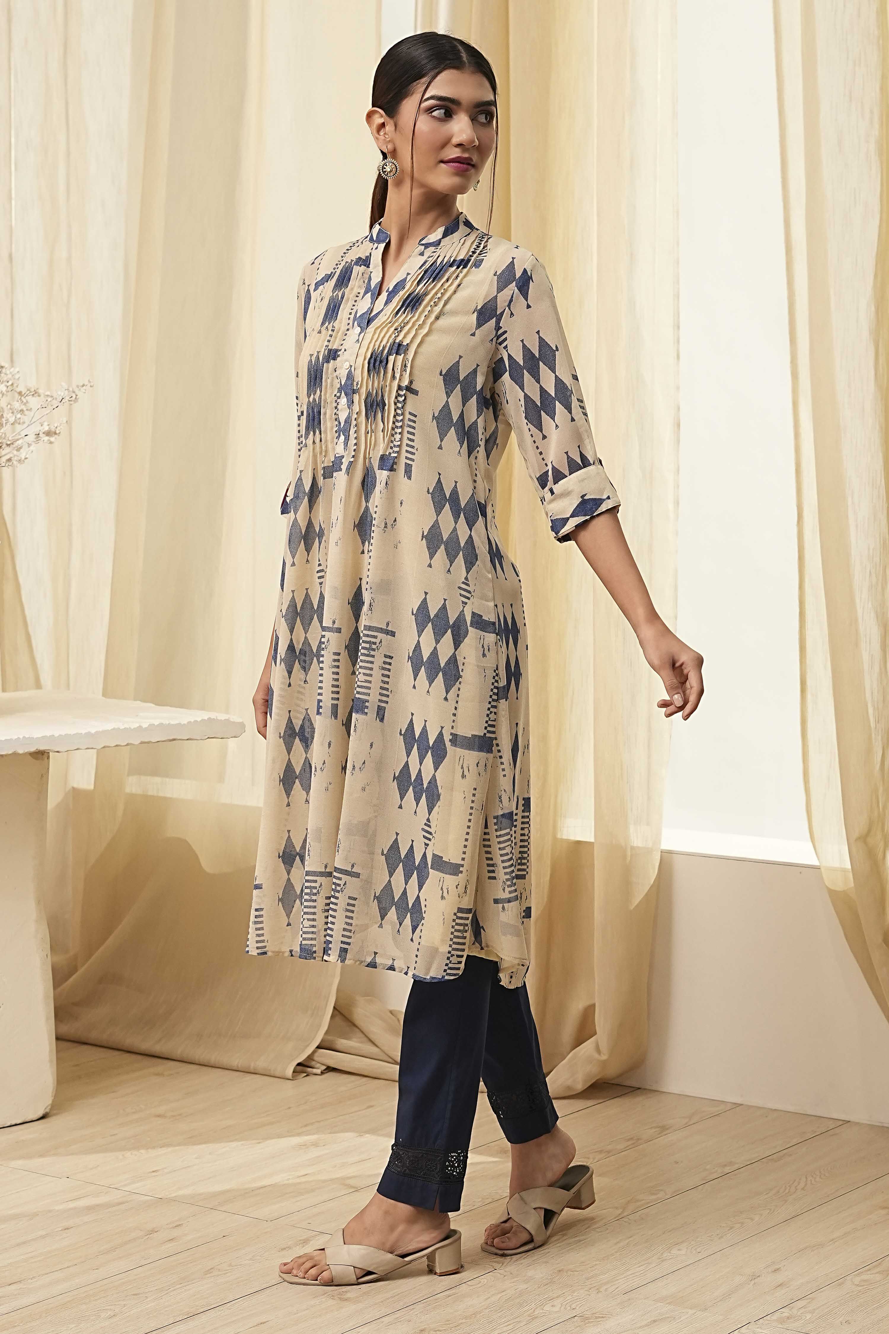 Beige Printed A-Line Kurta image number 2