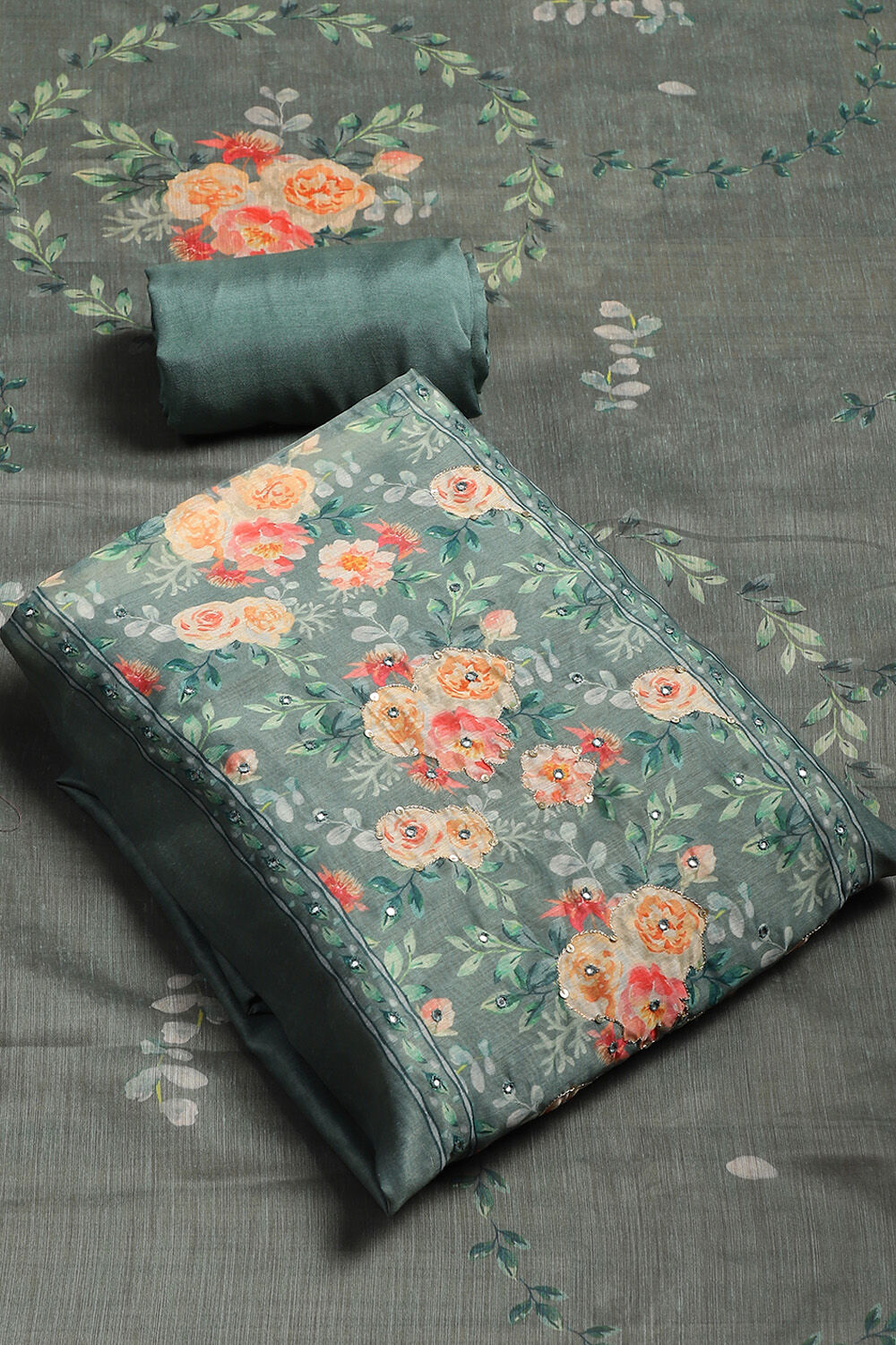 Green Chanderi Hand Embroidered Unstitched Suit Set image number 1