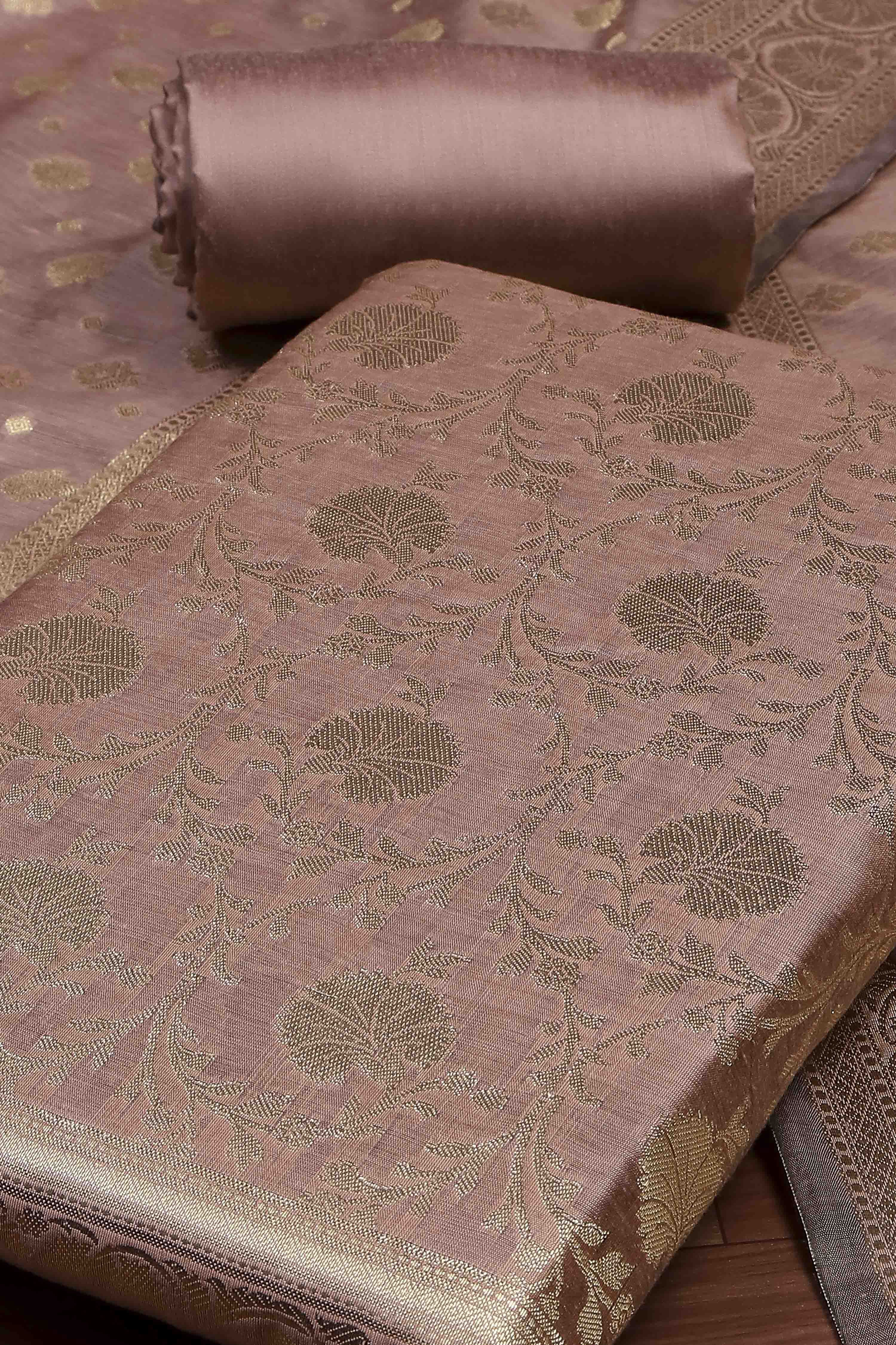 Dusty Mauve Banarasi Chanderi Banarasi Print Unstitched Suit Set image number 1