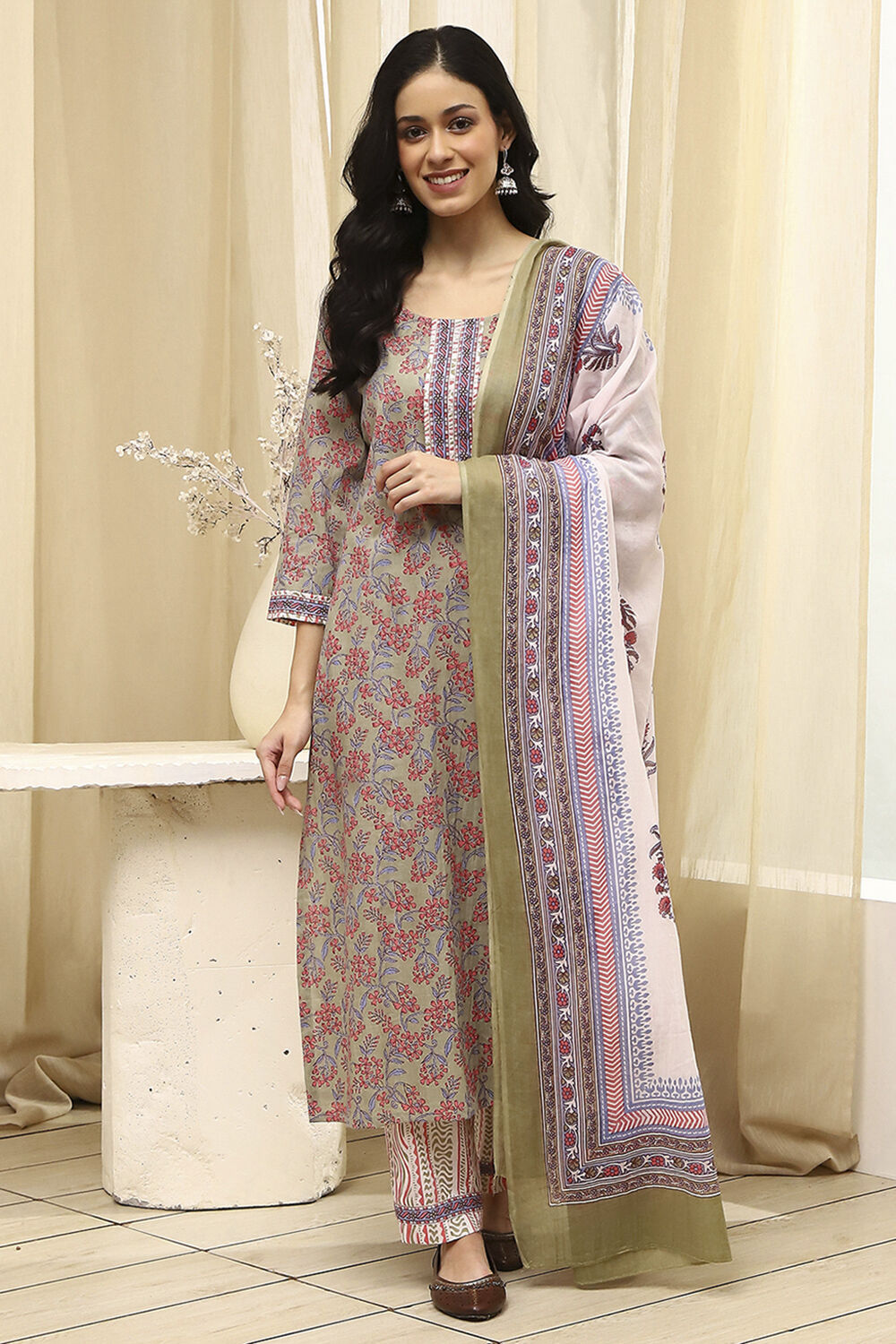 Green Cotton Screen Print Unstitched Suit Set image number 7