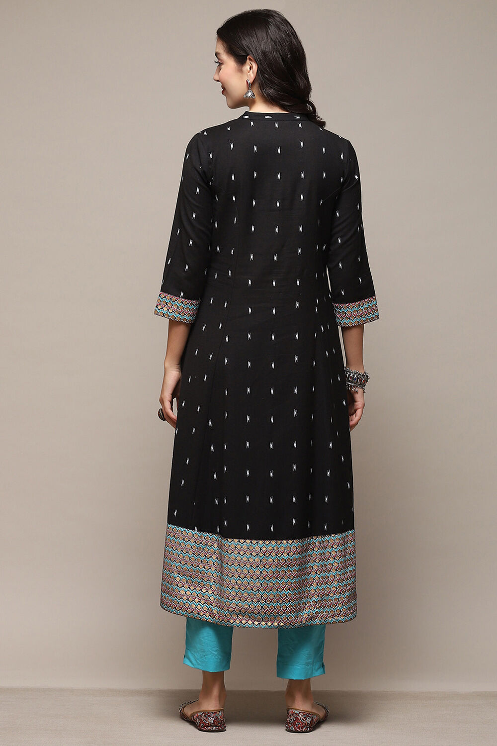Black Cotton Flax Printed A-Line Kurta image number 3