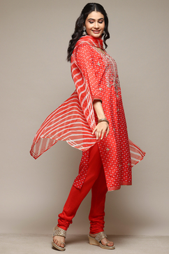 Red Viscose Straight Kurta Churidar Suit Set image number 0