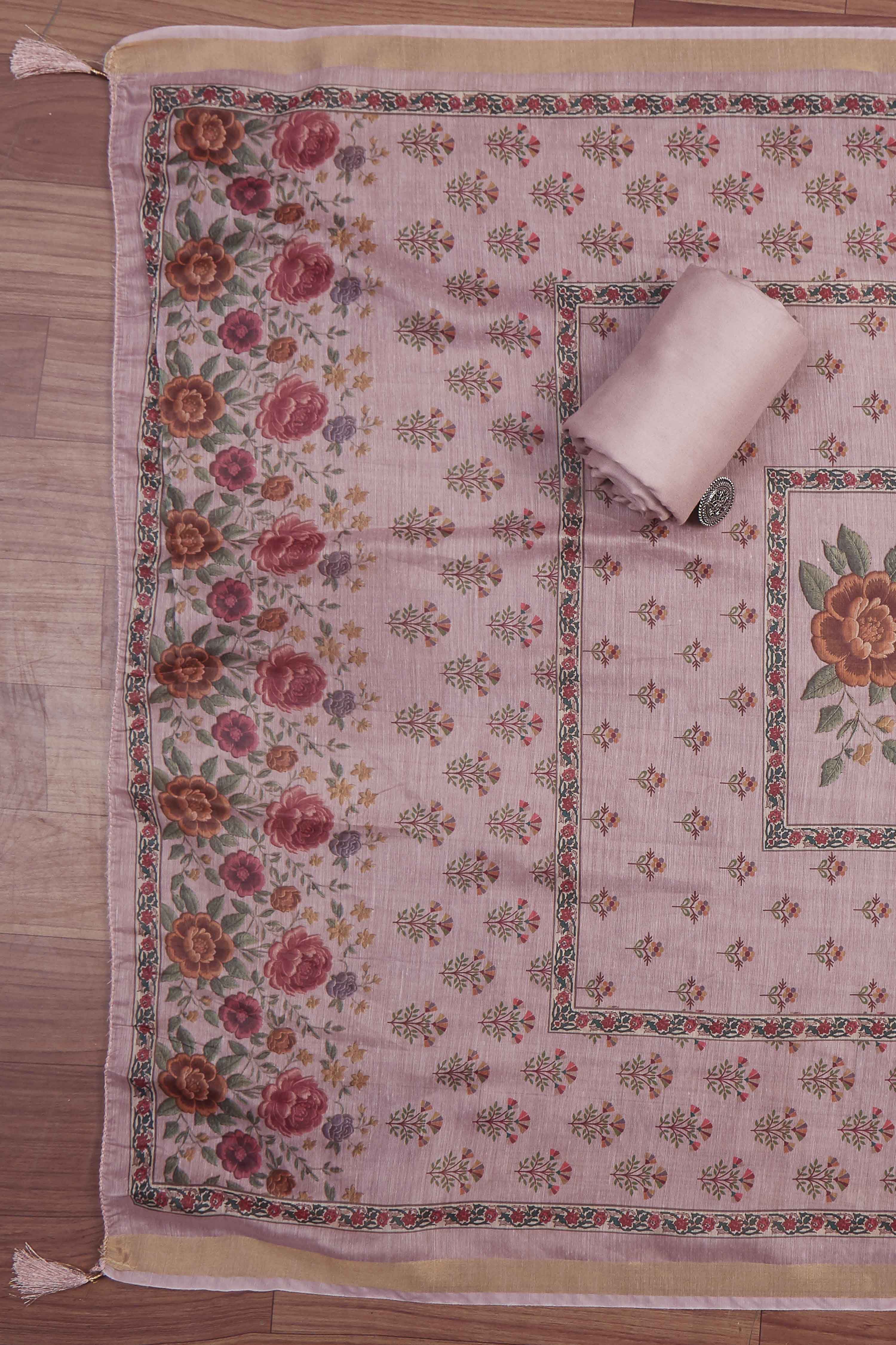 Cream-Toned Muslin Rajasthani Print Unstitched Suit Set image number 3