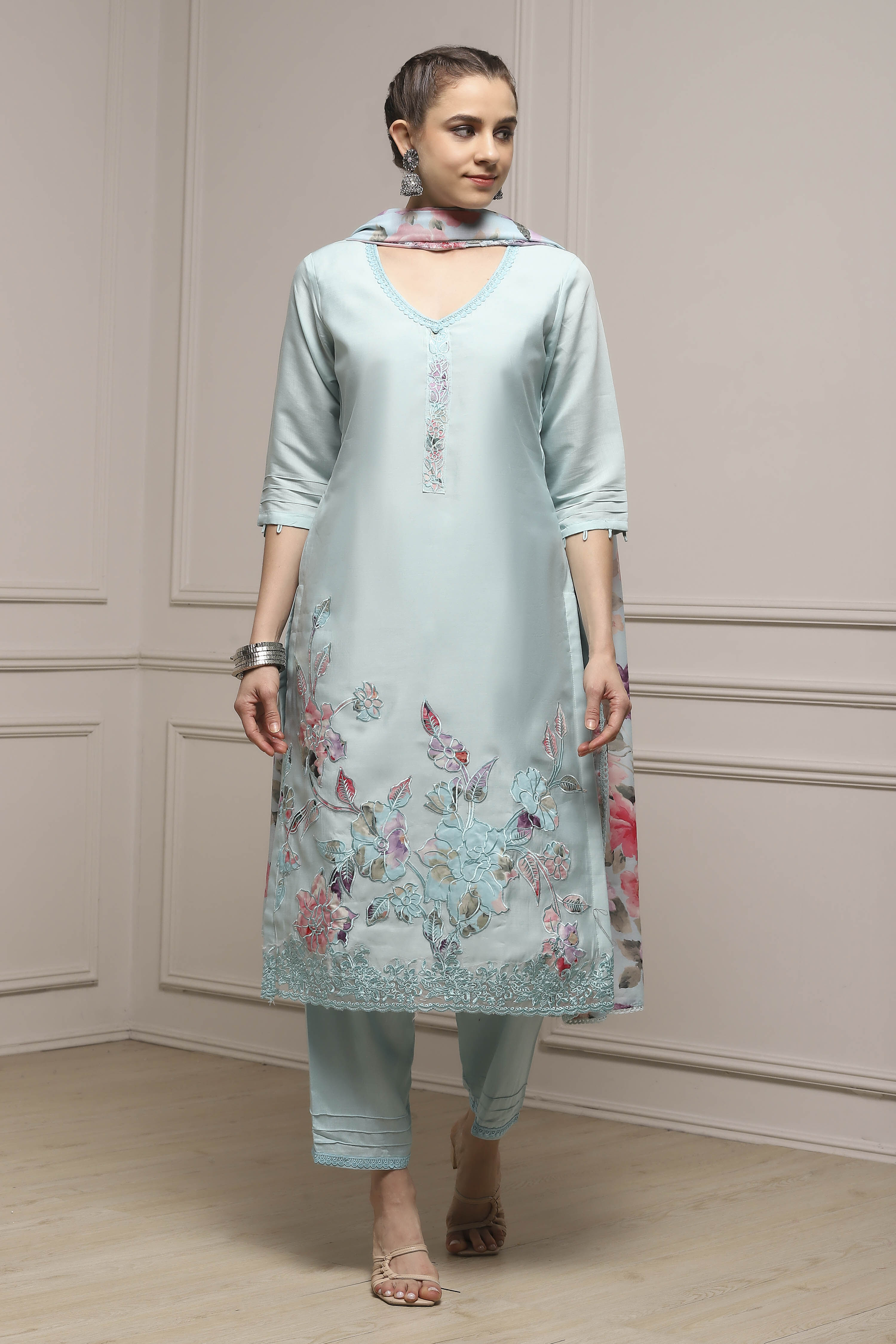 Blue Modal Digital Print Unstitched Suit Set image number 1
