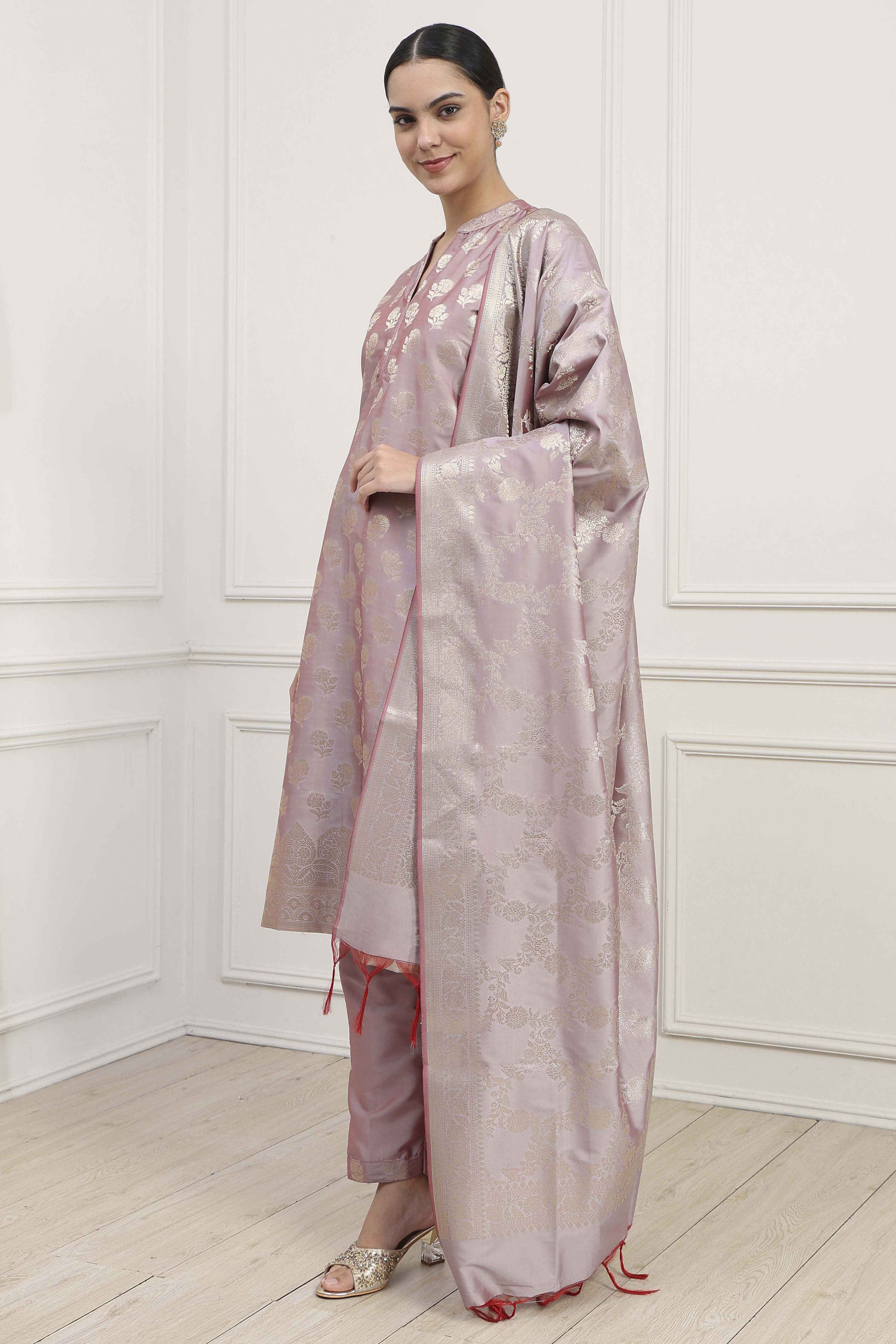 Purple Silk Blend Banarasi Unstitched Suit Set image number 4