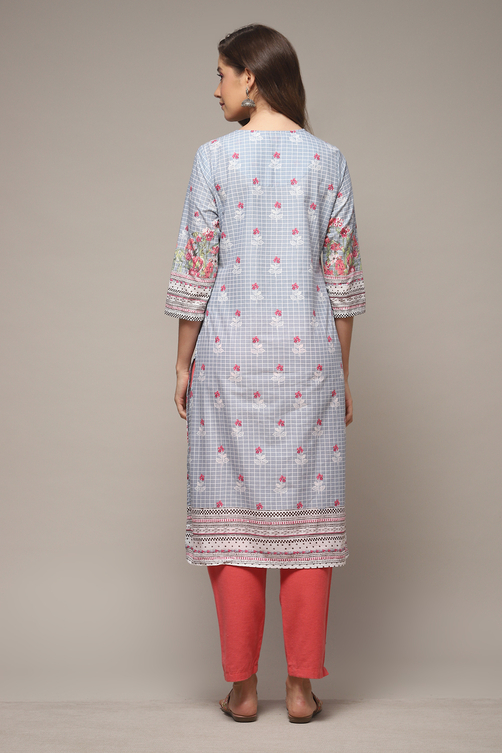 Sky Blue LIVA Straight Printed Kurta image number 2