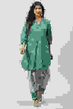 Teal Blue Cotton Straight Kurta Relaxed Salwar Suit Set image number 0