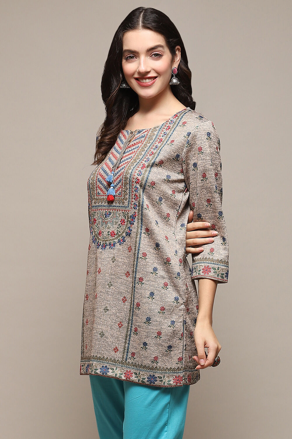 Melange Black Poly Cotton Straight Printed Kurti image number 2