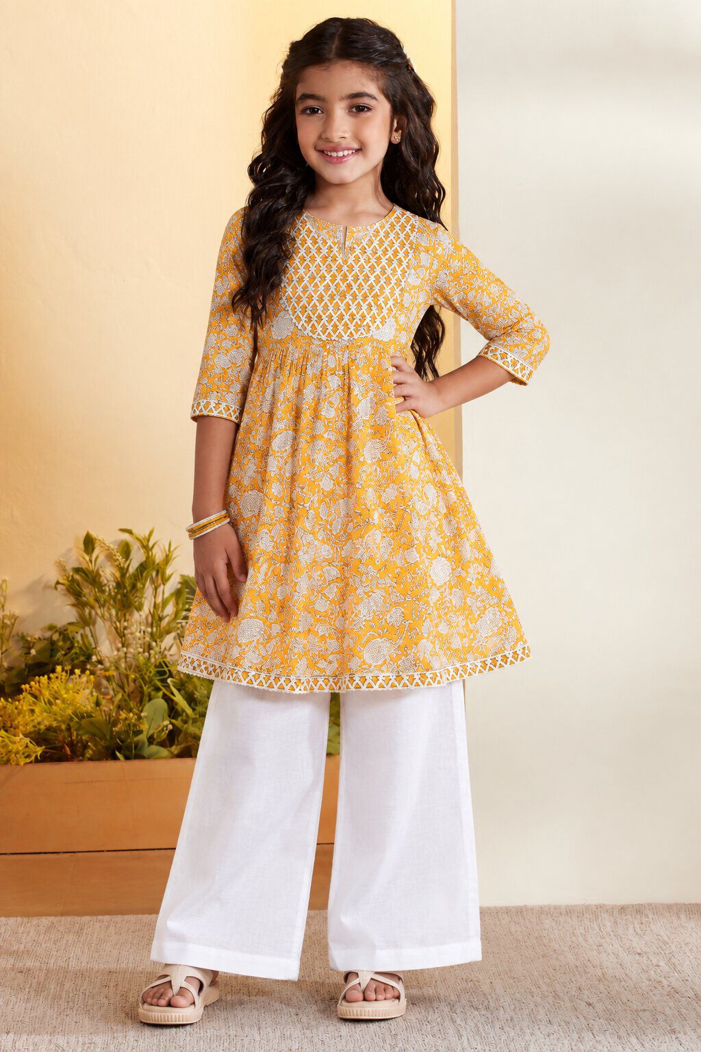 Mustard Cotton Floral Kalidar Kurta and Palazzo Set image number 0