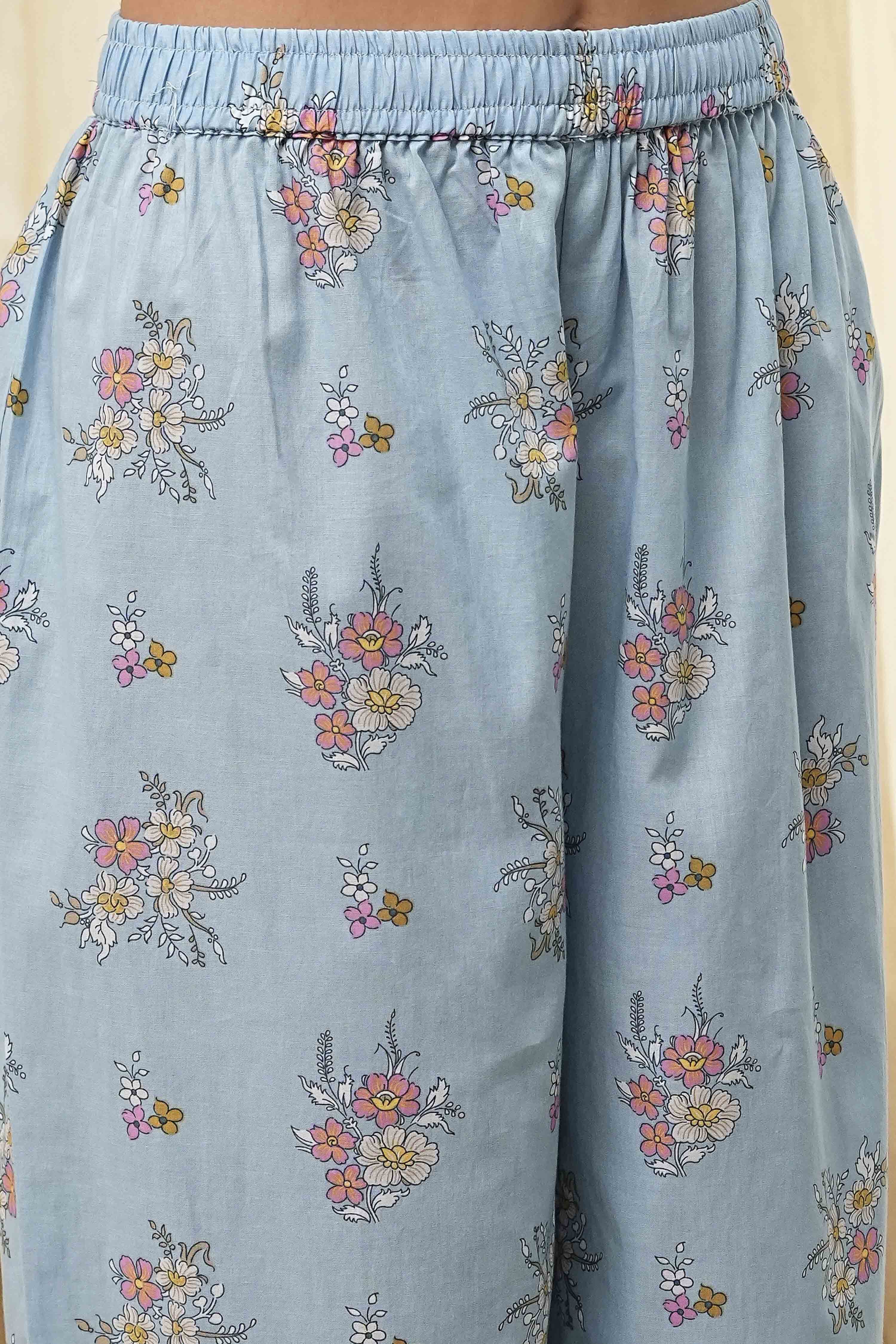 Dull Blue Cotton Flared Printed Kurta Set image number 2