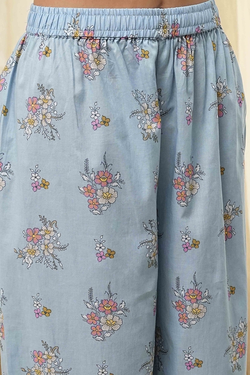 Dull Blue Cotton Flared Printed Kurta Set image number 2