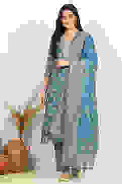 Teal Linen Digital Print Unstitched Suit Set image number 7