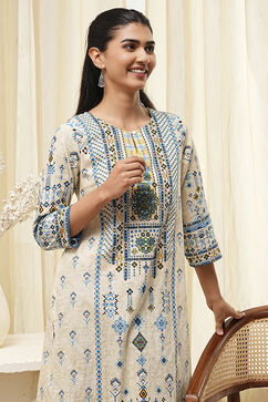 Off-White and Blue Cotton Straight Kurta image number 6