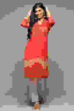 Red Cotton Blend Straight Printed Kurta image number 5