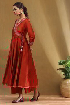 Rust Embroidered Angrakha Festive Anarkali Suit Set image number 2