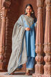 Earthy Blue Cotton Silk Straight Kurta Palazzo Suit Set