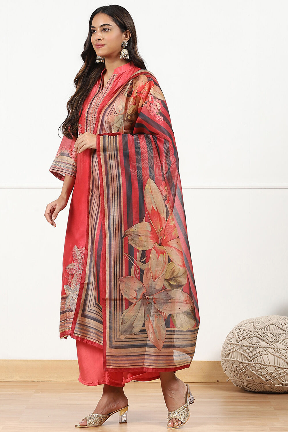 Blue Chanderi Floral Printed Unstitched Suit Set image number 6