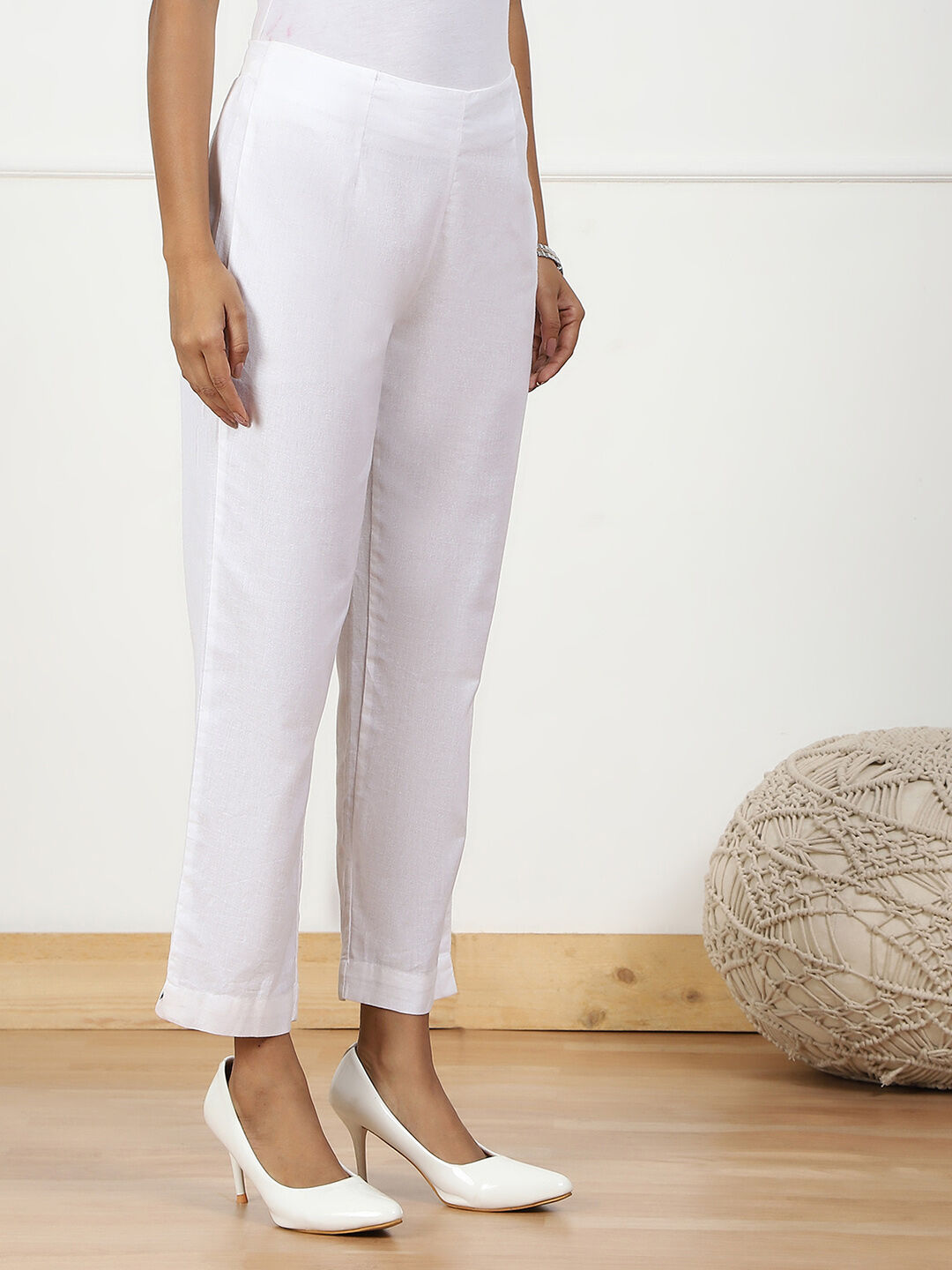 White Cotton Blend Slim Pants image number 3