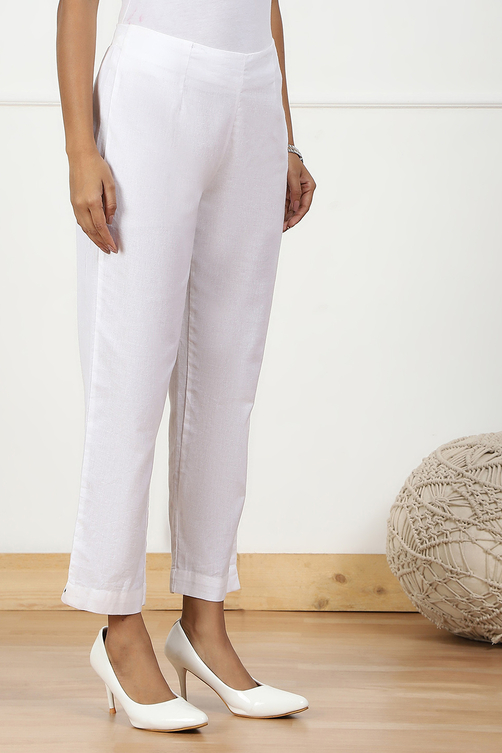 White Cotton Blend Slim Pants image number 3