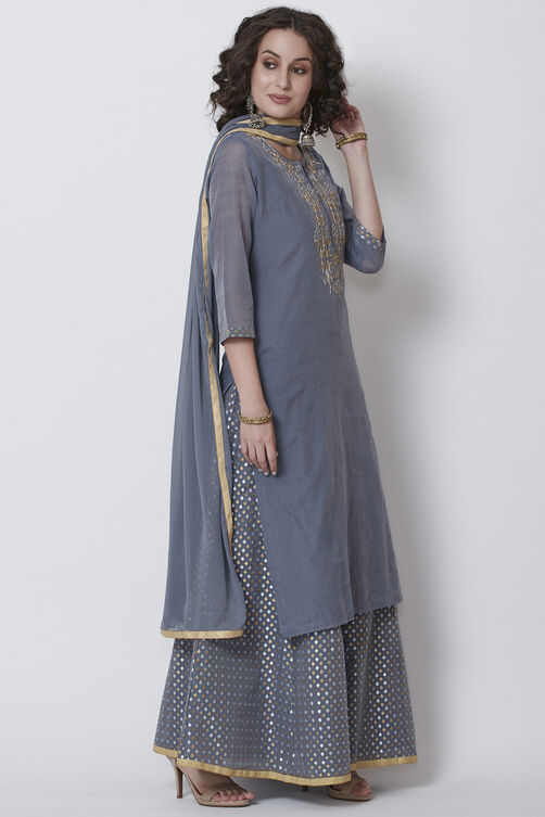 Grey Poly Cotton Straight Kurta Sharara Suit Set image number 3