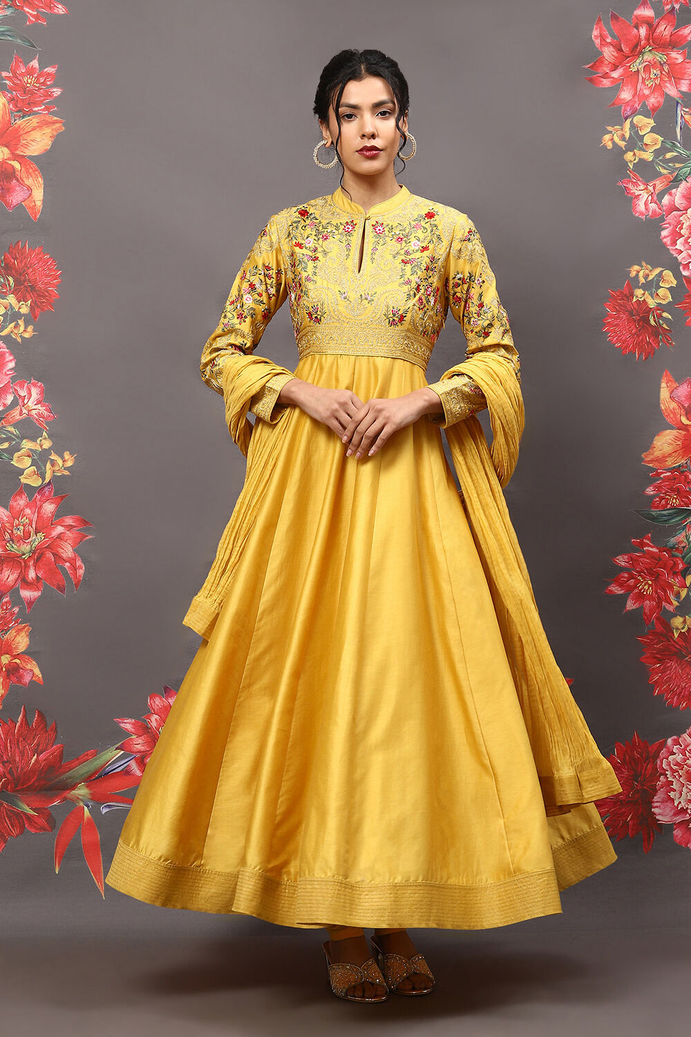 Mustard Cotton Blend Anarkali Kurta Suit Set image number 0