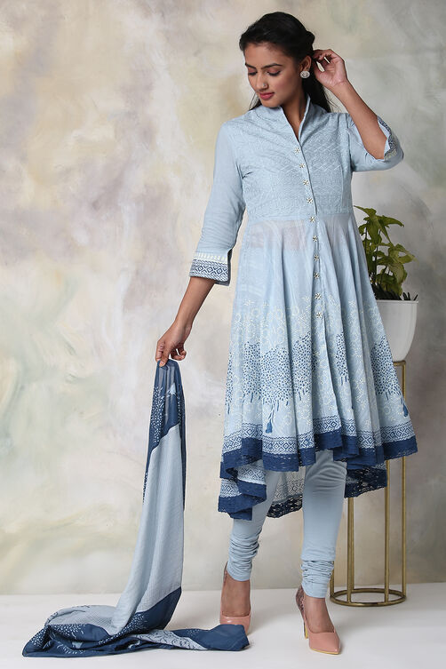 Light Purple Cotton Asymmetric Kurta Churidar Suit Set image number 7