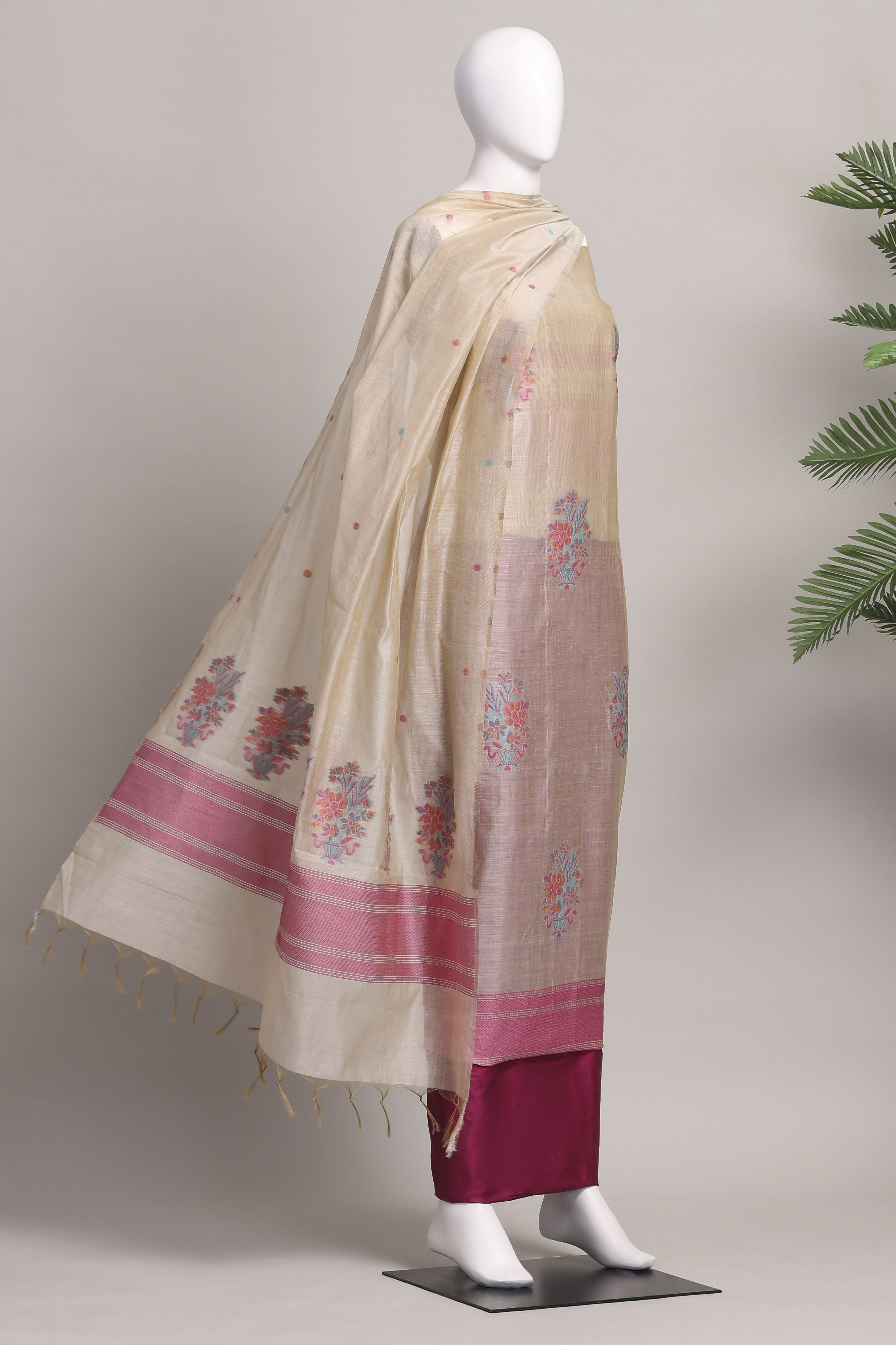 Rust Cotton Jamdani Unstitched Suit Set image number 4