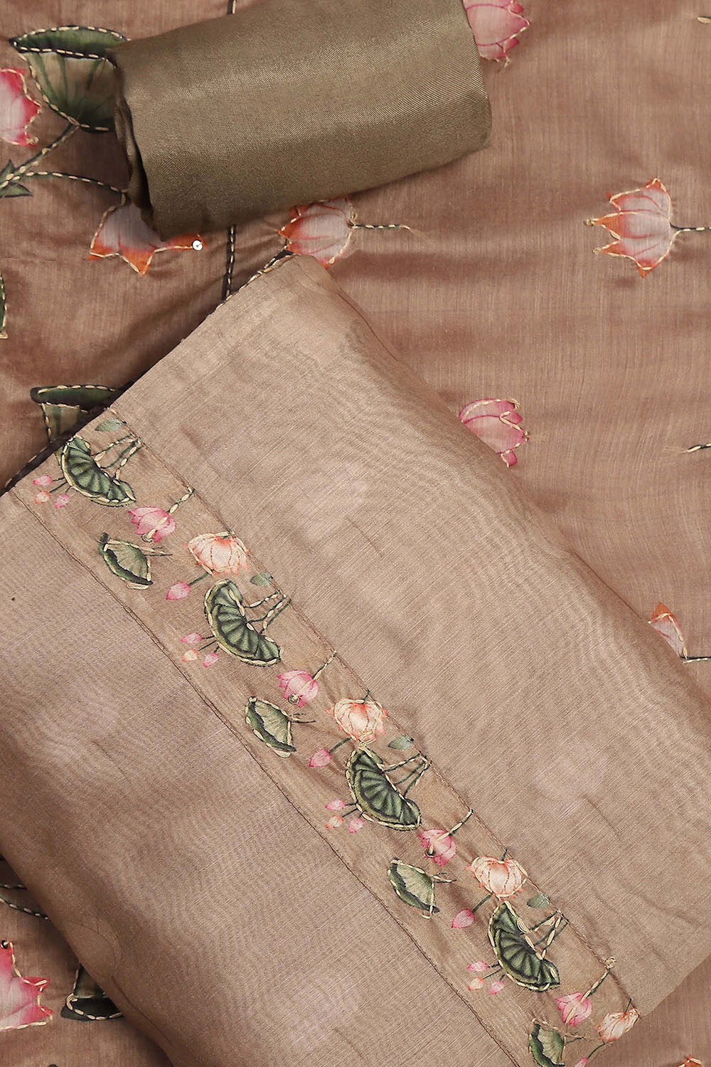 Mehendi Green Chanderi Hand Embroidered Unstitched Suit Set image number 1