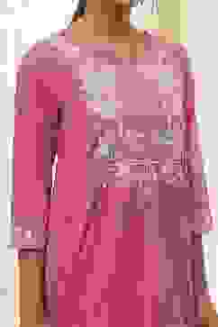 Pink Cotton Embroidered A-Line Kurta image number 1