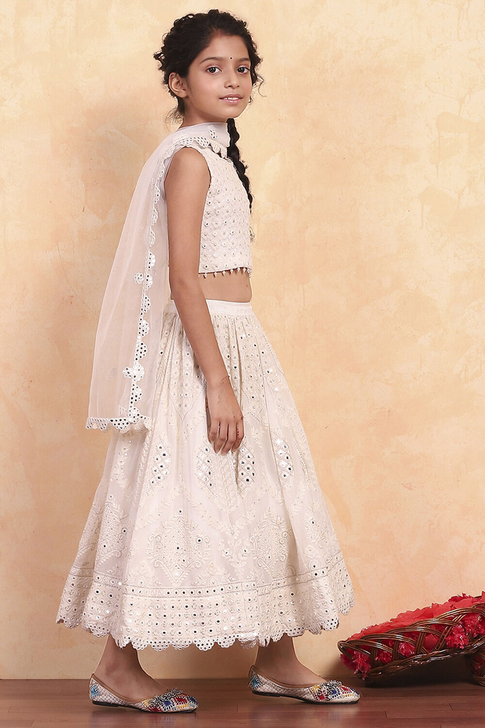 White Viscose Embroidered Kalidar Lehenga Set image number 4