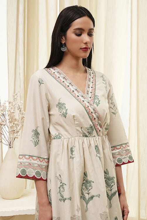 Beige and Green Cotton Angrakha Anarkali Kurta Set image number 1