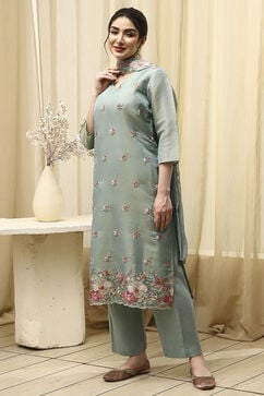 Teal Tissue Machine Embroidered Unstitched Suit Set image number 4
