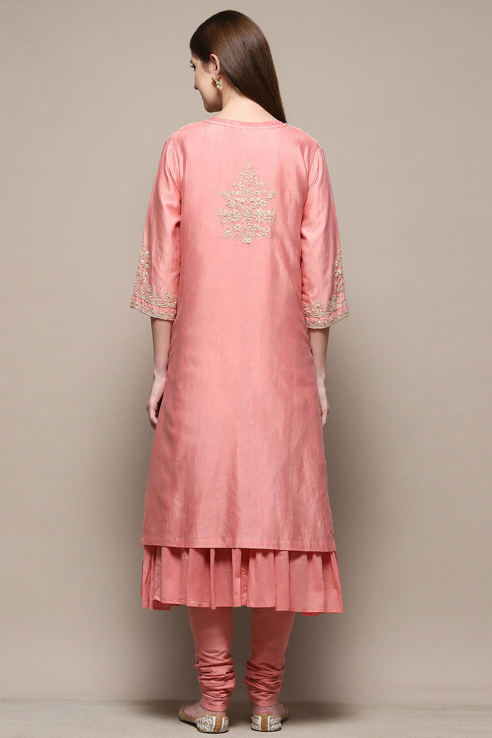 Peach Cotton Blend Layered Kurta Churidar Suit Set image number 5
