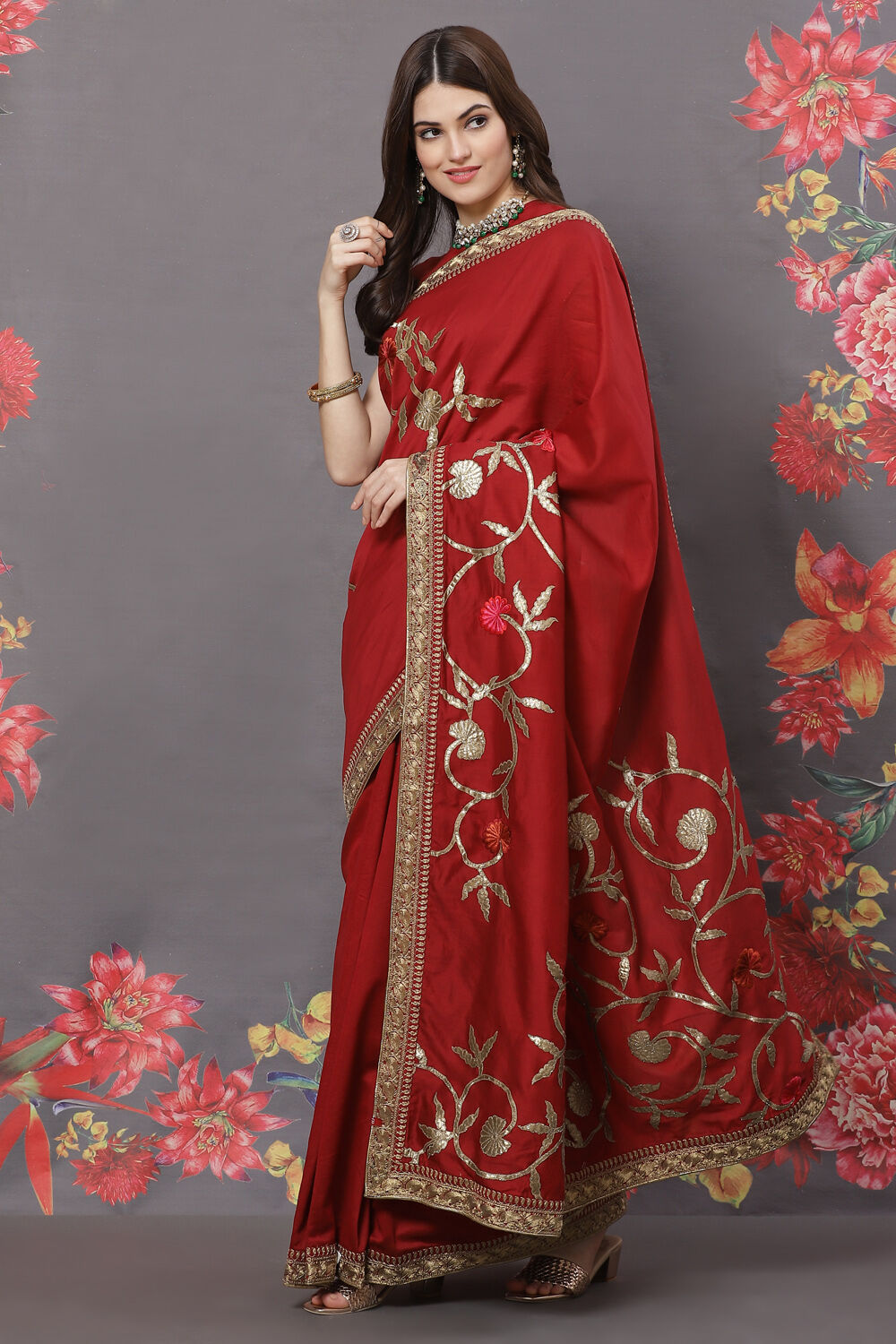 Rohit Bal Maroon Chanderi Silk Solid Saree With Blouse image number 3