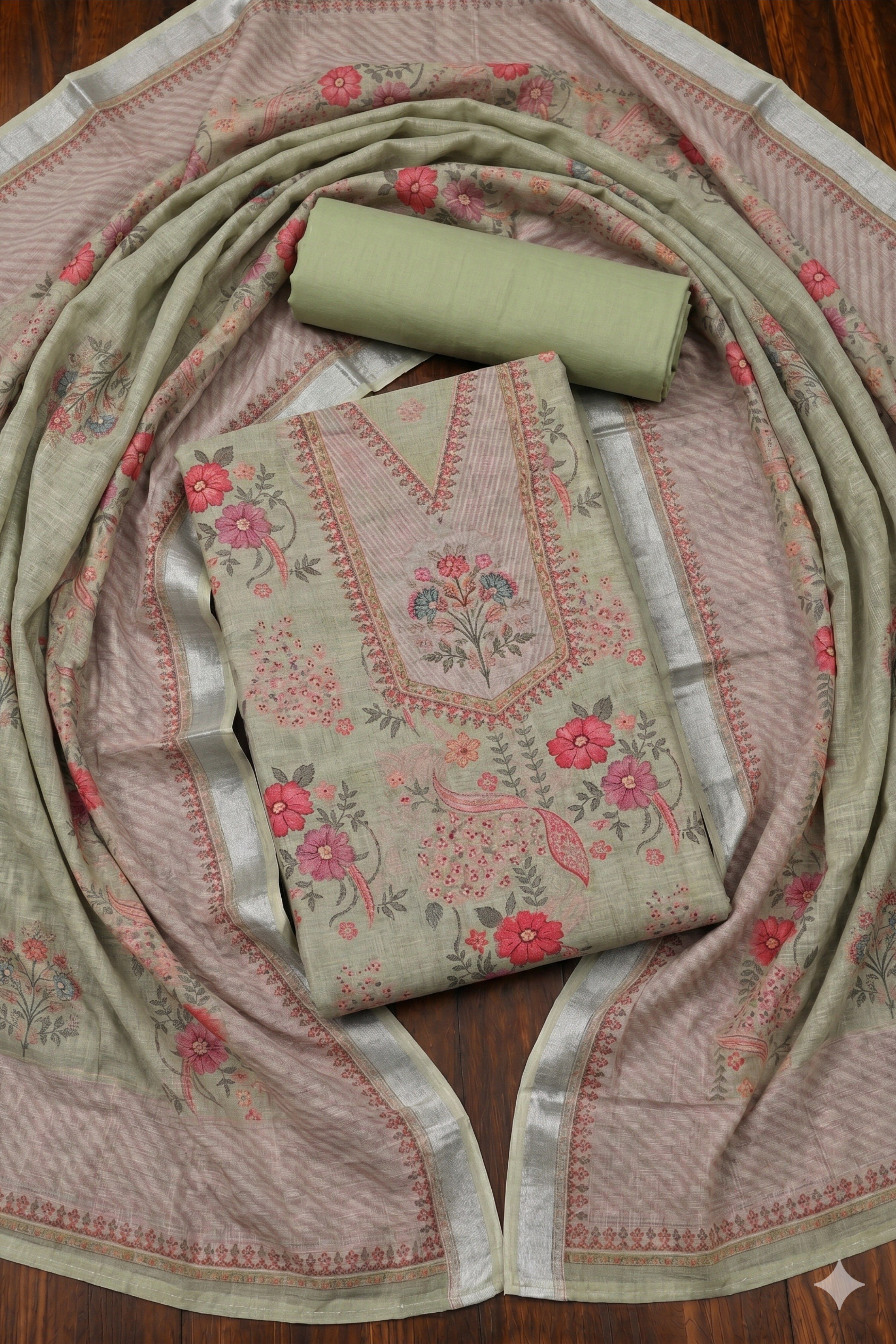 Peach Linen Floral Print With Handwork Unstitched Suit Set image number 1