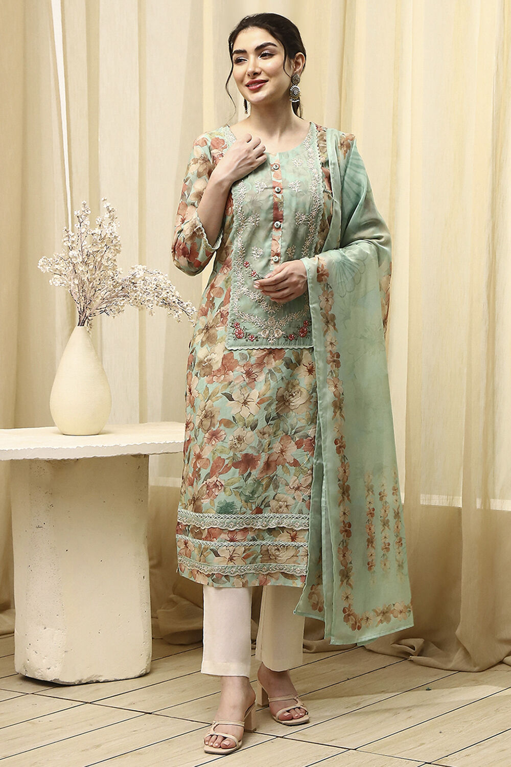 Teal Muslin Digital Print Unstitched Suit Set image number 7