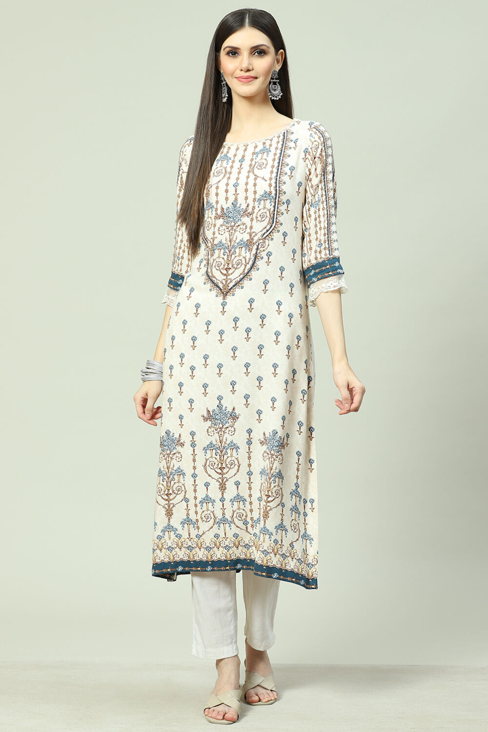 Ecru LIVA Straight Printed Kurta image number 0