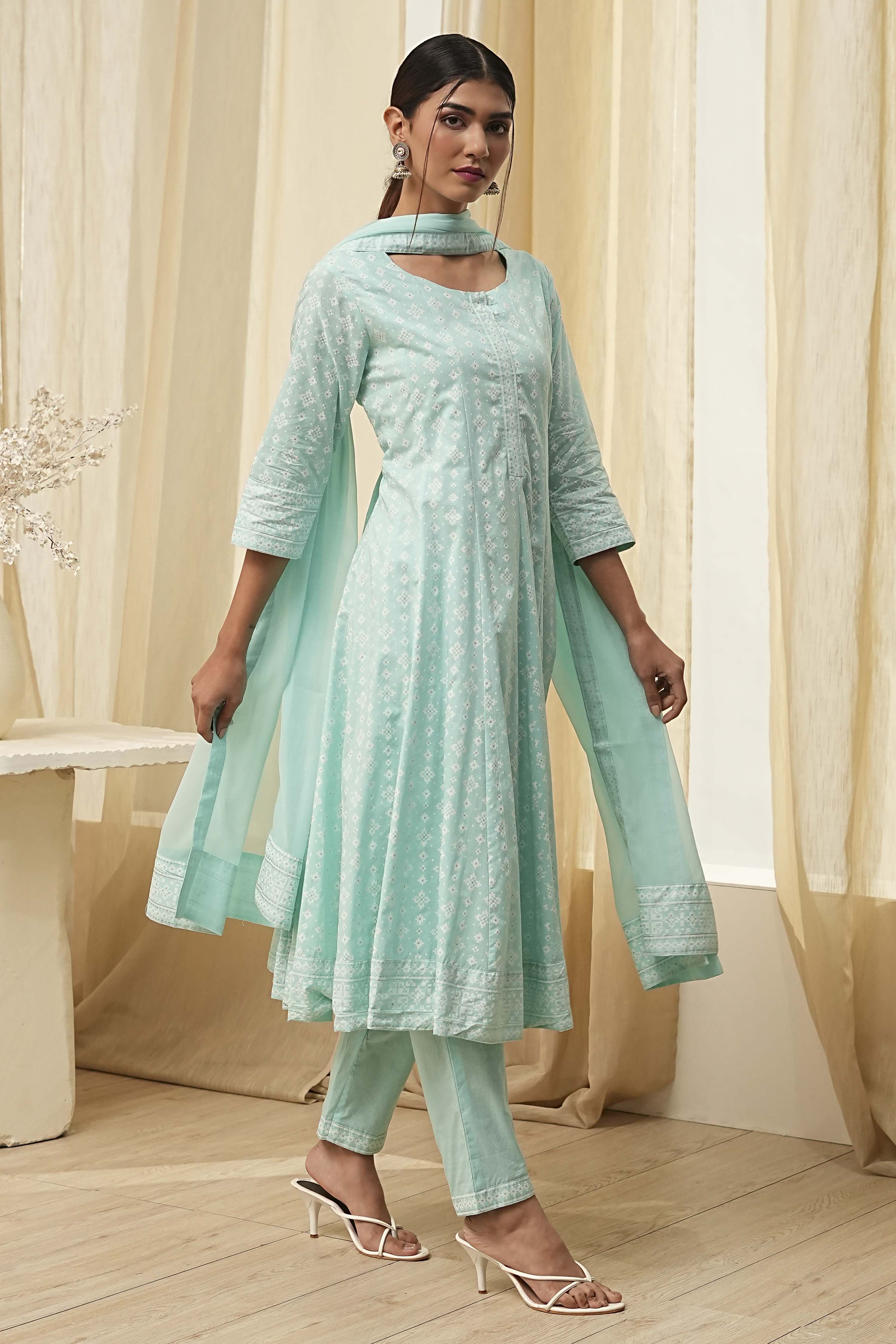 Aqua Pure Cotton Printed Kalidar Suit Set image number 5