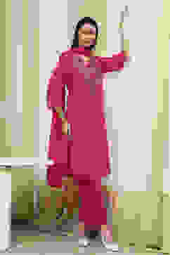 Fuchsia Embroidered Straight Suit Set image number 0