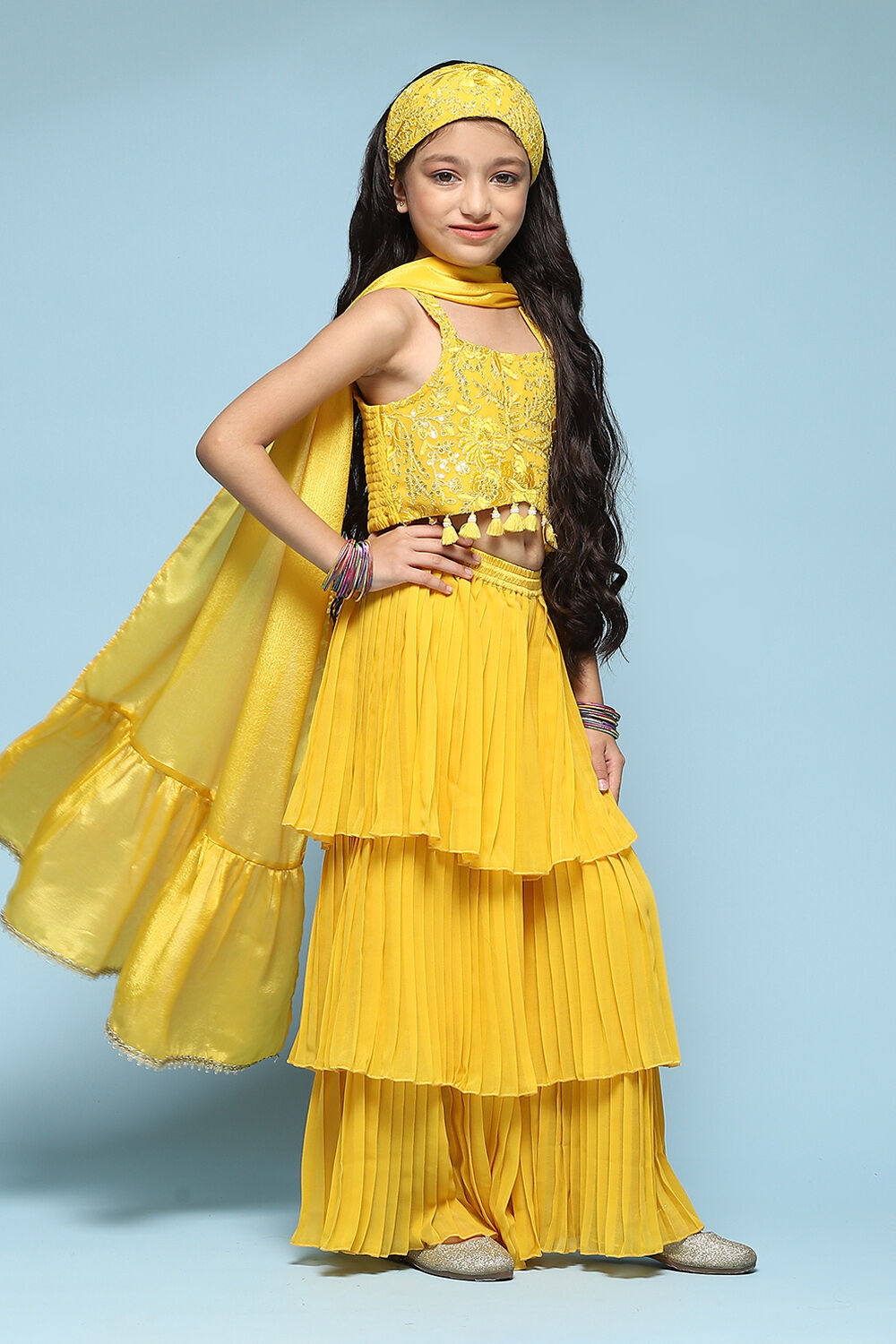 Yellow Polyester Straight Embroidered Suit Set image number 6