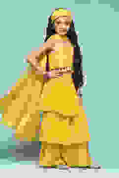 Yellow Polyester Straight Embroidered Suit Set image number 6