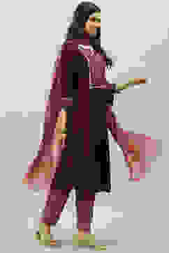 Burgundy Rayon A-Line Kurta Slim Pant Suit Set image number 6