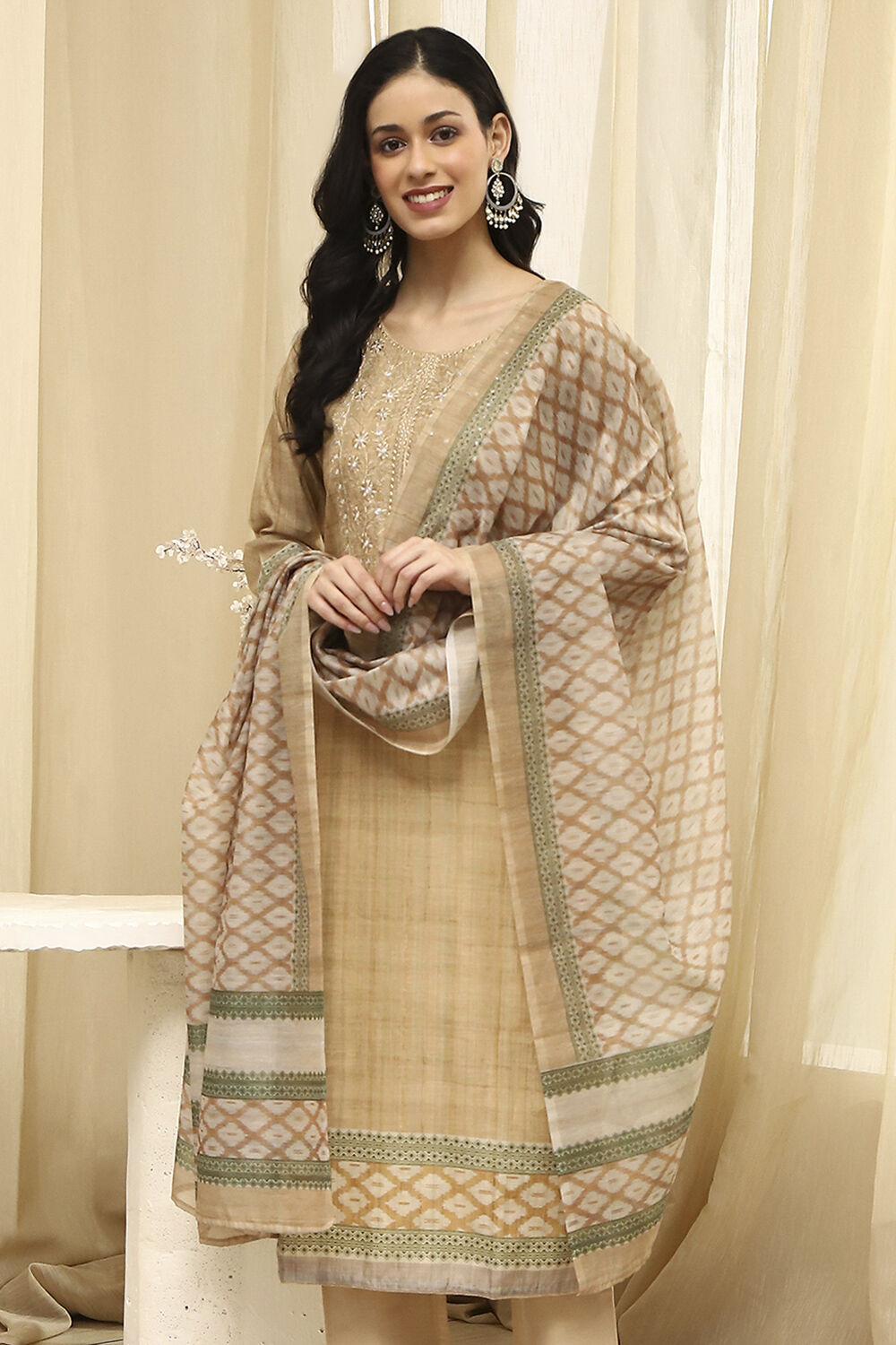 Beige Cotton Machine-Embroidered Unstitched Suit Set image number 8