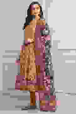 Yellow Cotton Anarkali Kurta Churidar Suit Set image number 3